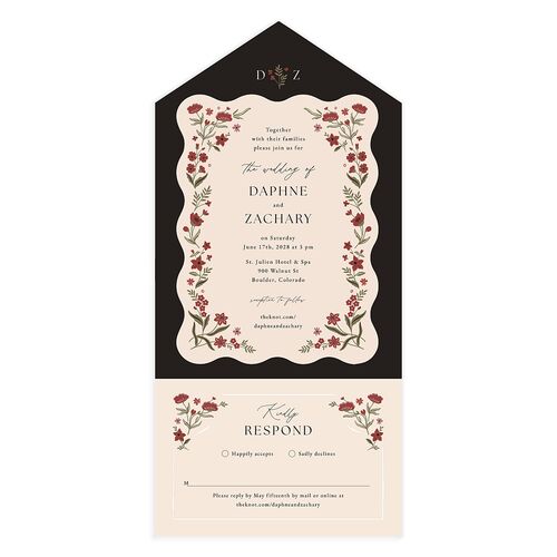 Flora Garden Border All-in-One Wedding Invitations Licorice Signature Light Both Recipient and Return Addresses No
