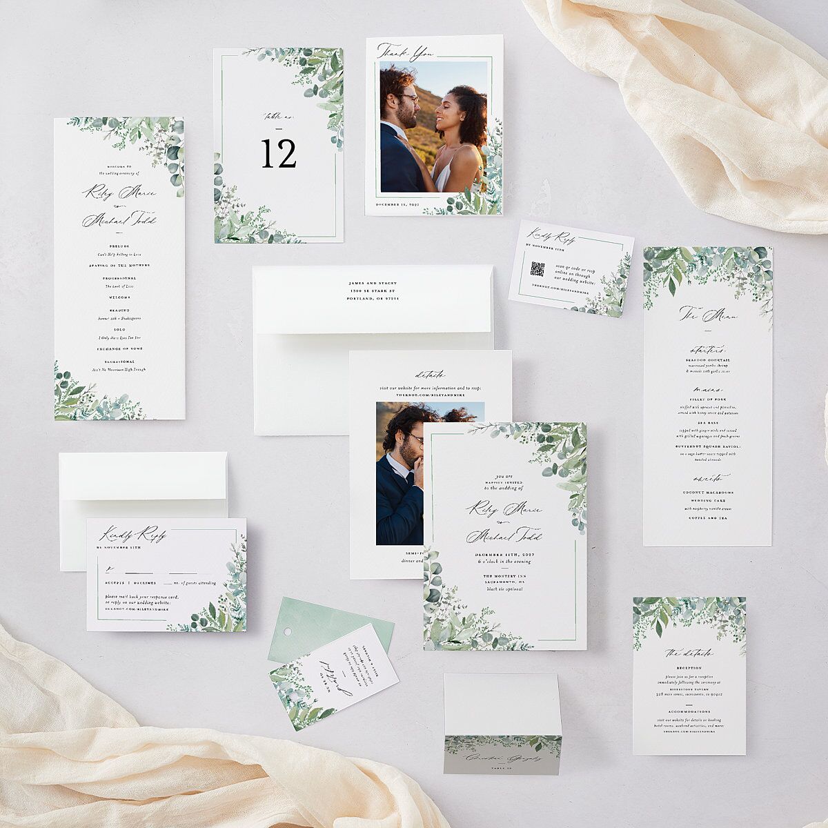 Gorgeous Greenery Wedding Invitations Pure White Signature Blank No Standard