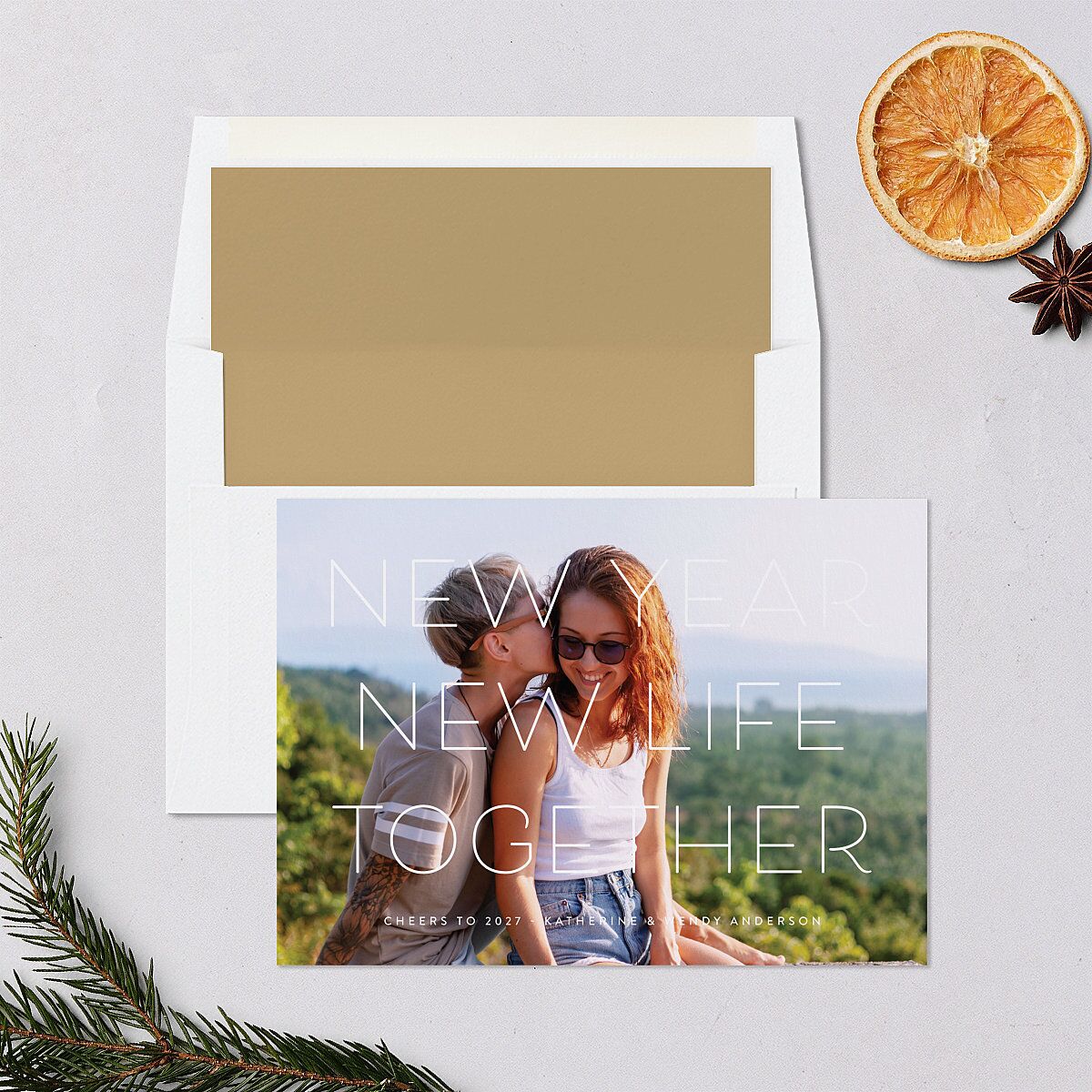 Bright New Year Holiday Cards Tan Signature Blank Standard Landscape