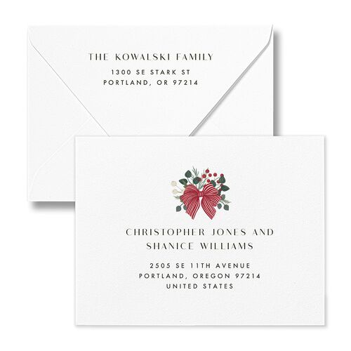 Rustic Holiday Foliage with Bow Thank You Card Euro Envelopes White Hunter Green Both Recipient and Return Addresses Luxe Signature