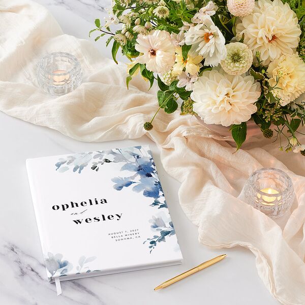 Watercolor Blooms Wedding Guest Book Midnight Navy