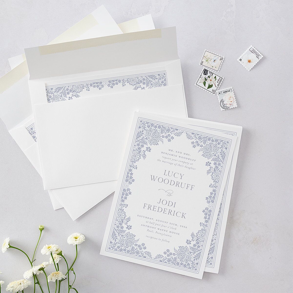 Floral Lace Wedding Invitations Dusty Blue Signature Blank No Standard