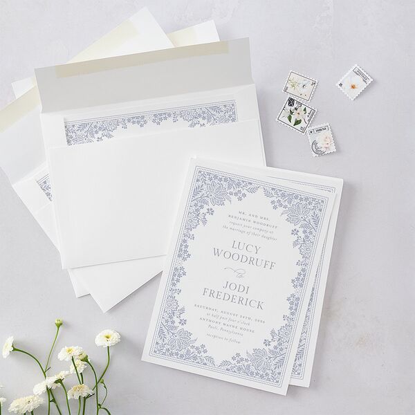 Floral Lace Wedding Invitations Dusty Blue Signature Blank No Standard