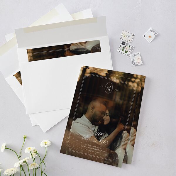 Elegant Oval Monogram Save the Date Cards Sand Signature smooth Blank No Standard