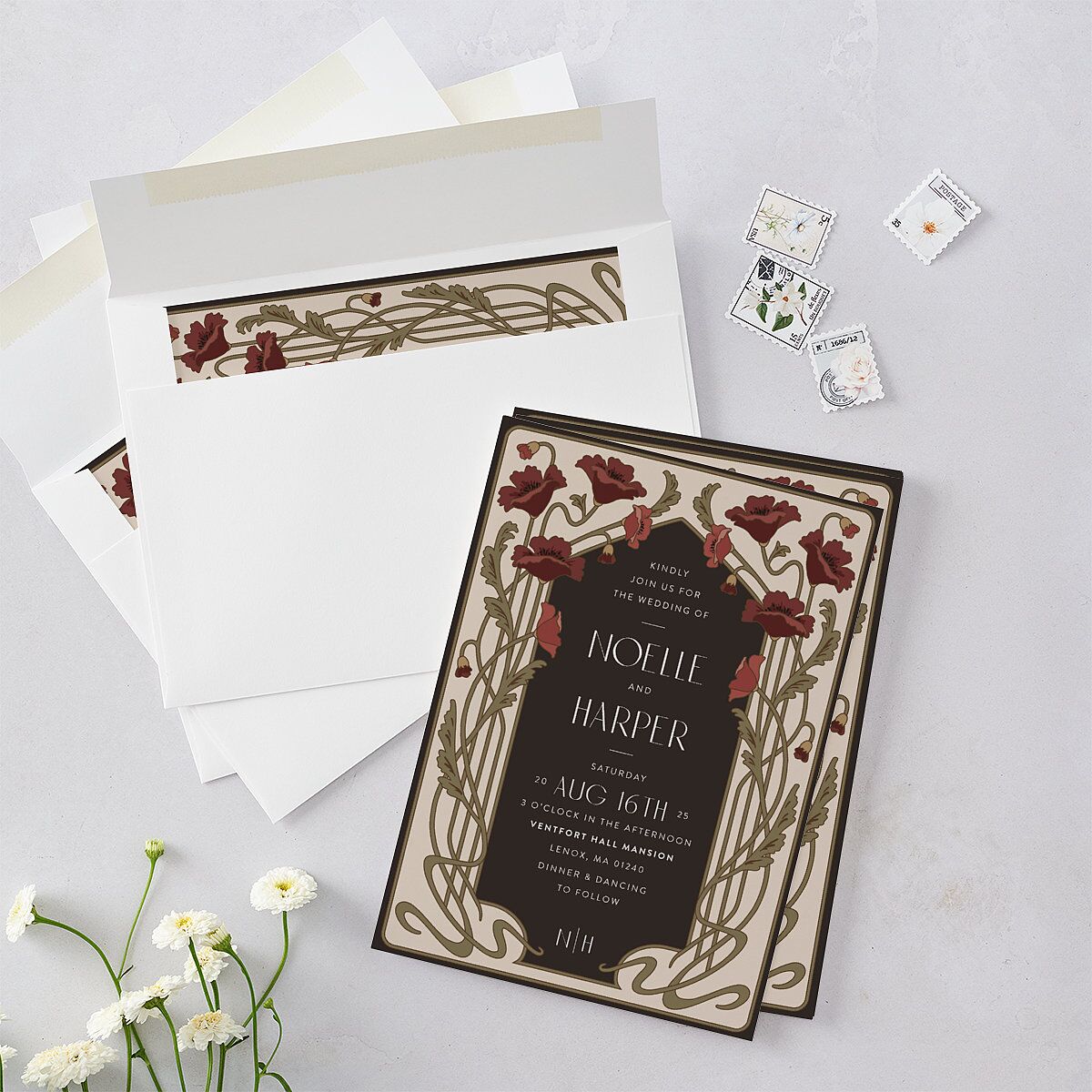 Vintage Nouveau Floral Wedding Invitations Merlot Signature Blank No Rounded