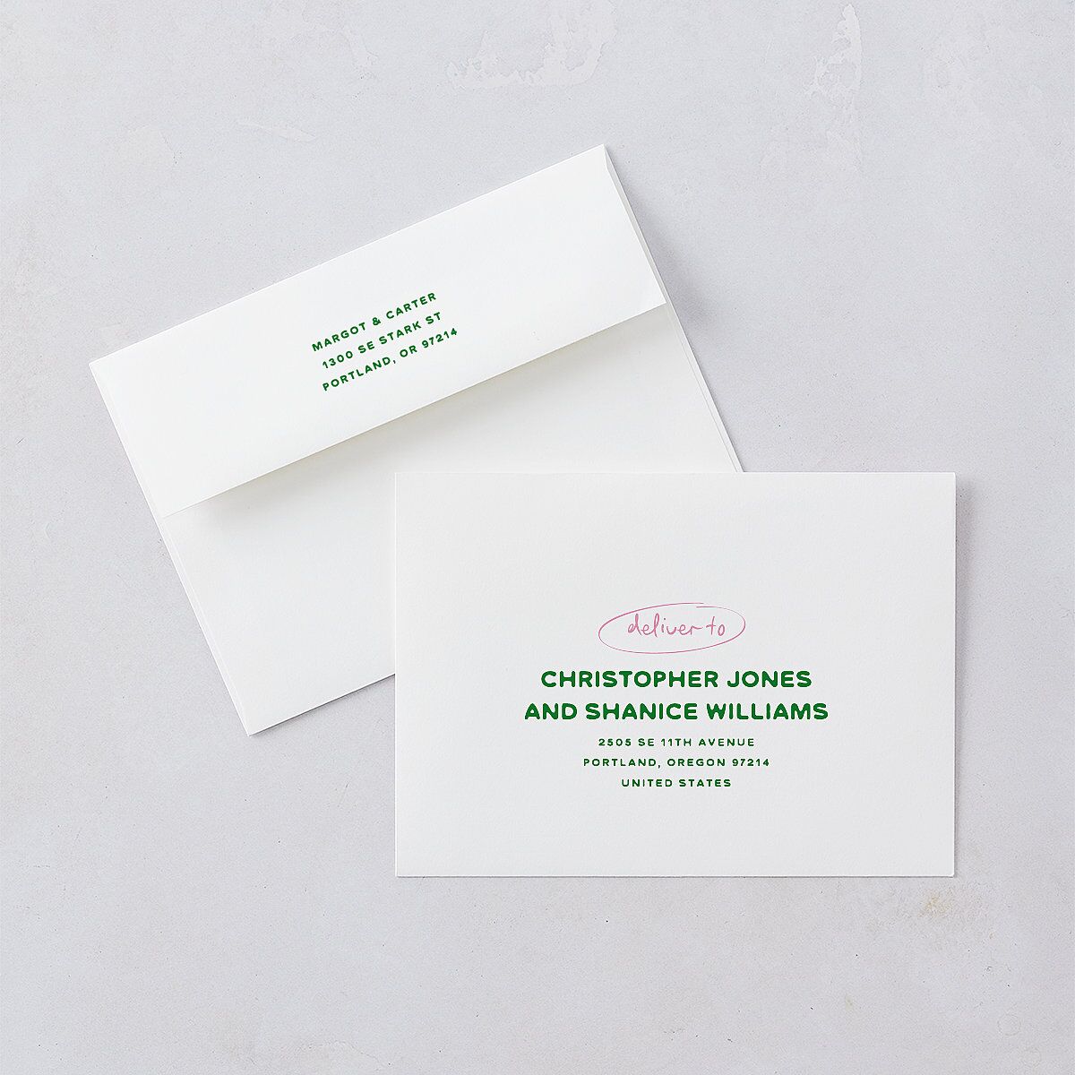 Whimsically Retro Handwritten Note Wedding Invitation Envelopes Kelly Green White Both Recipient and Return Addresses Standard Signature