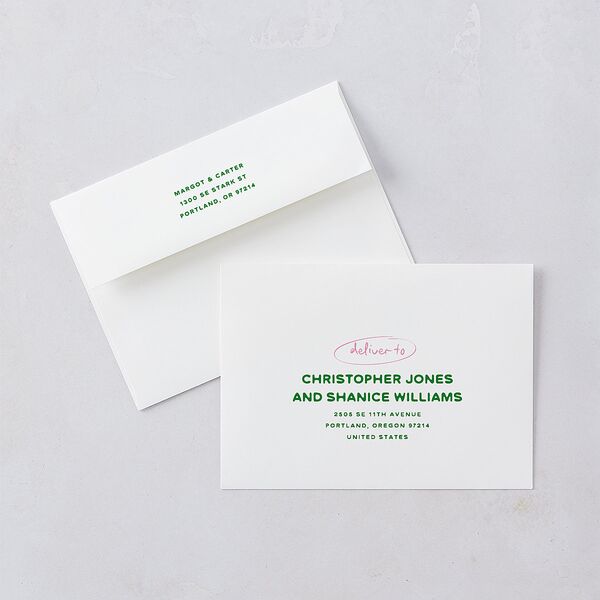 Whimsically Retro Handwritten Note Wedding Invitation Envelopes Kelly Green White Both Recipient and Return Addresses Standard Signature
