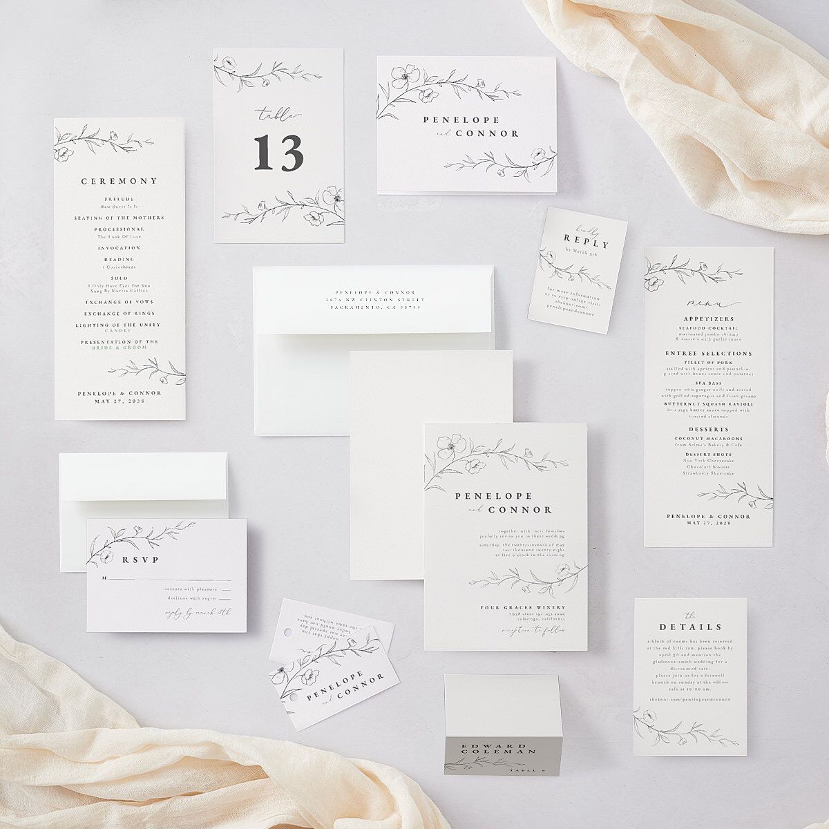 Graceful Botanical Table Numbers Shadow Gray Signature