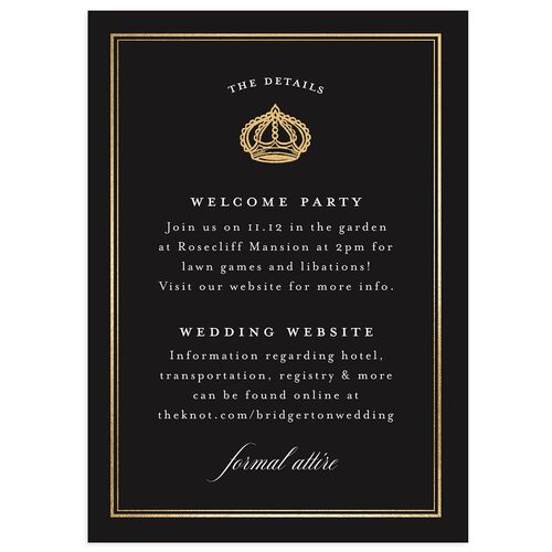 Glamorous Crown Monogram Crest Wedding Enclosure Cards by Bridgerton Gold Midnight Signature Standard