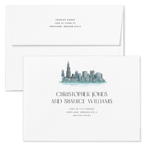 Watercolor Chicago Rehearsal Dinner Invitation Envelopes Terracotta Standard Regency Blue Both Recipient and Return Addresses Signature