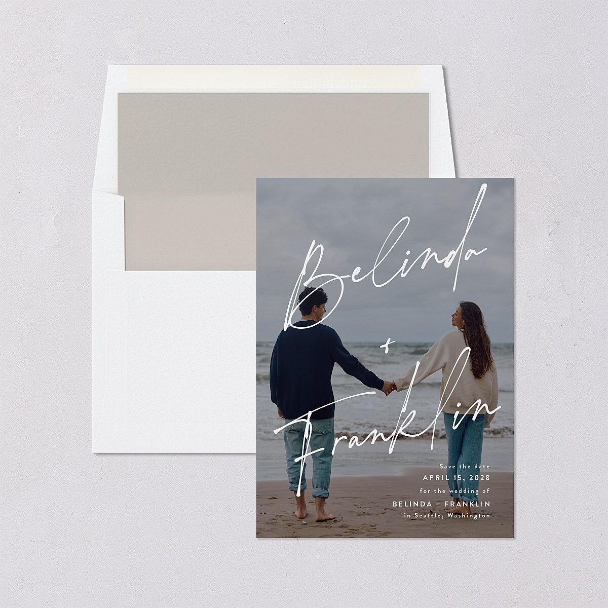 Modern Script Names Save The Date Cards Shadow Gray Signature smooth Blank No Standard