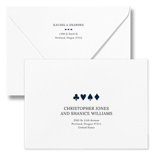 Las Vegas Playing Card Rehearsal Dinner Invitation Euro Envelopes White Navy Return Address Luxe Signature