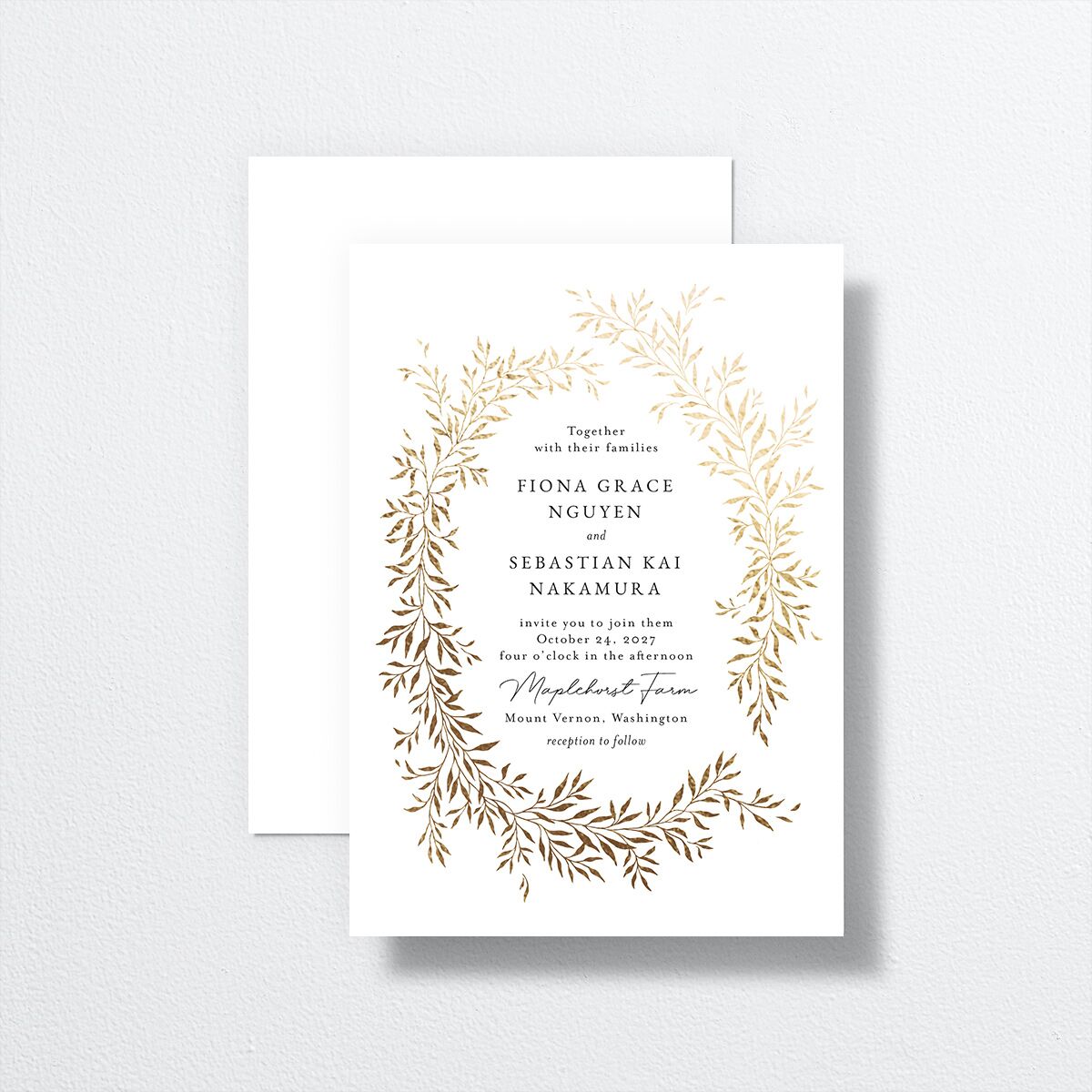 Romantic Wreath Wedding Invitations Gold Pure White Signature No