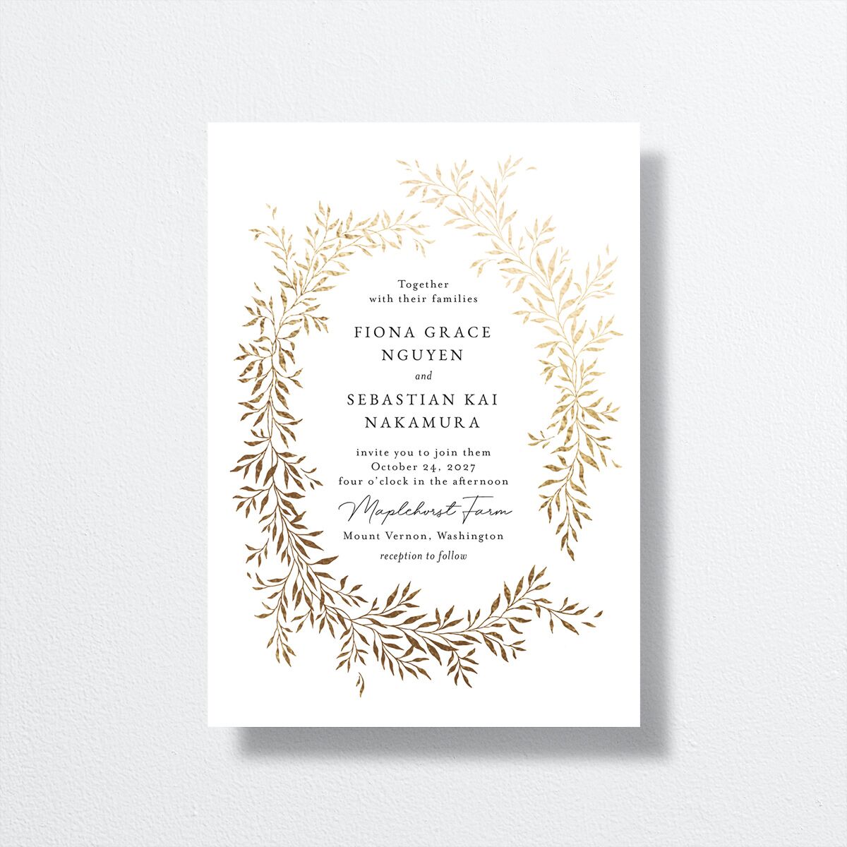 Romantic Wreath Wedding Invitations Gold Pure White Signature No