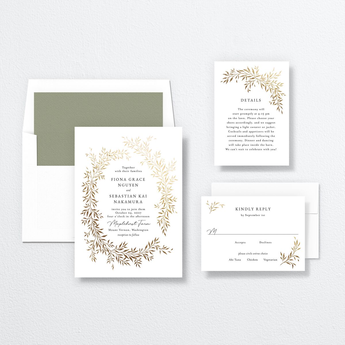 Romantic Wreath Wedding Invitations Gold Pure White Signature No