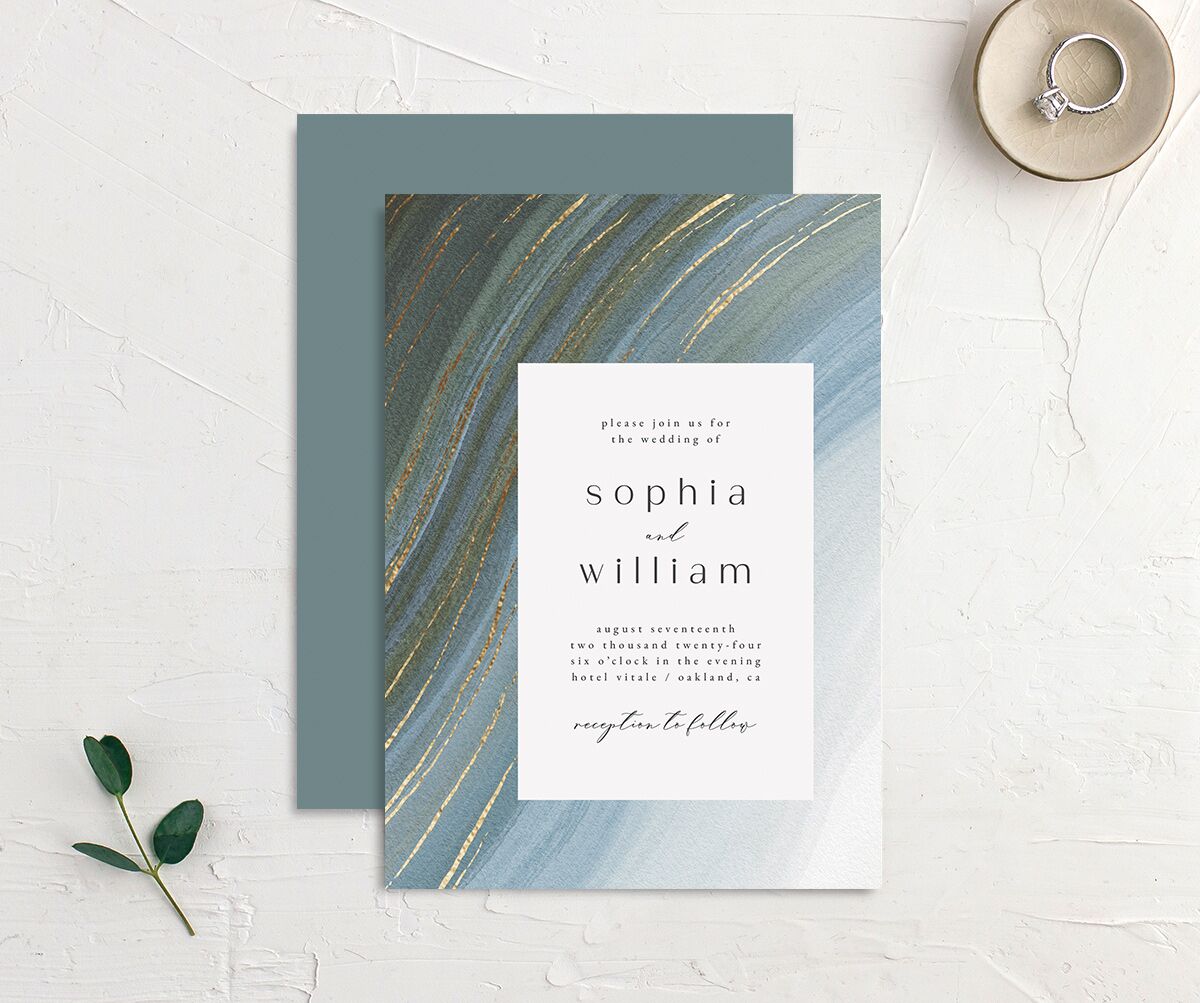 Ethereal Wave Wedding Invitations front-and-back in teal