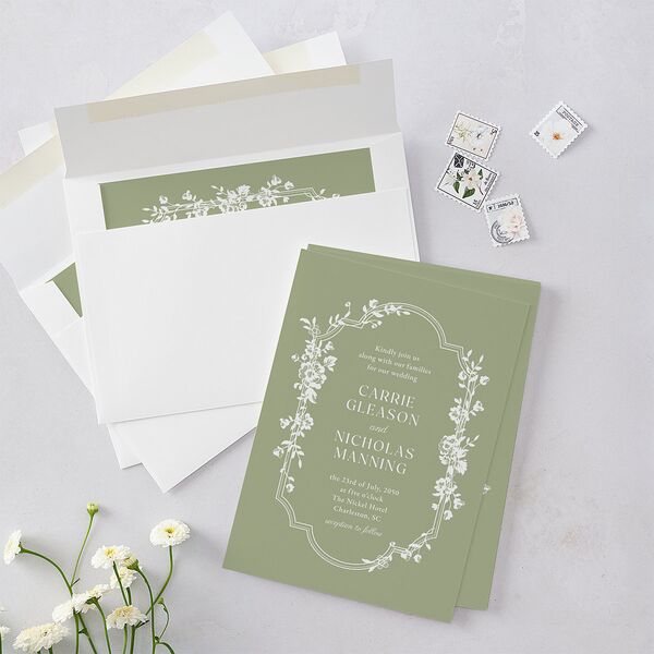 Fairytale Lace Floral Frame Wedding Invitations Moss Signature Blank No Standard