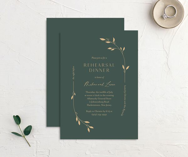 Delicate Leaves Rehearsal Dinner Invitations front-and-back in Green