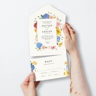 Blooming Dahlias All-in-One Wedding Invitations Regency Blue Signature Light Both Recipient and Return Addresses No
