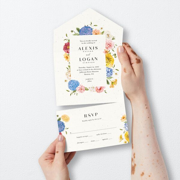 Blooming Dahlias All-in-One Wedding Invitations Regency Blue Signature Light Both Recipient and Return Addresses No