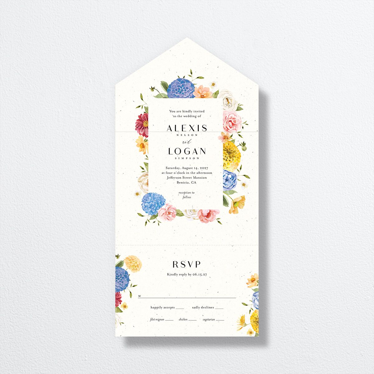 Blooming Dahlias All-in-One Wedding Invitations Regency Blue Signature Light Both Recipient and Return Addresses No