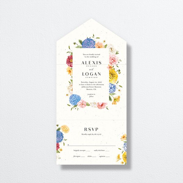Blooming Dahlias All-in-One Wedding Invitations Regency Blue Signature Light Both Recipient and Return Addresses No