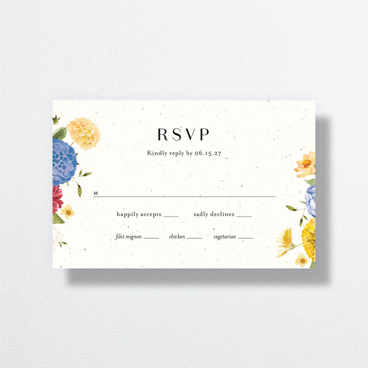 Blooming Dahlias All-in-One Wedding Invitations Regency Blue Signature Light Both Recipient and Return Addresses No