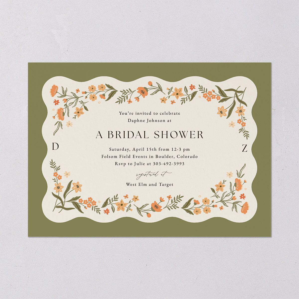 Flora Garden Border Bridal Shower Invitations Olive Signature Blank