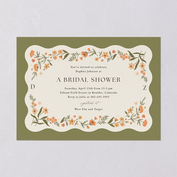 Flora Garden Border Bridal Shower Invitations Olive Signature Blank