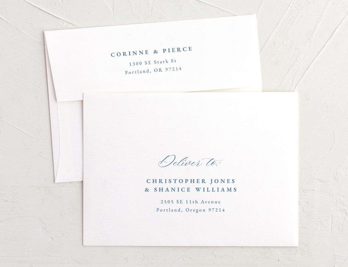 Minimal Icon Save The Date Card Envelopes White Standard Regency Blue Both Recipient and Return Addresses Signature