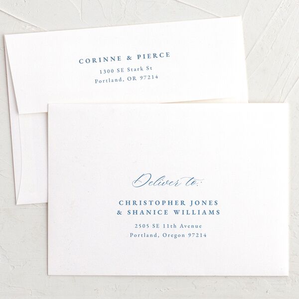 Minimal Icon Save The Date Card Envelopes White Standard Regency Blue Both Recipient and Return Addresses Signature