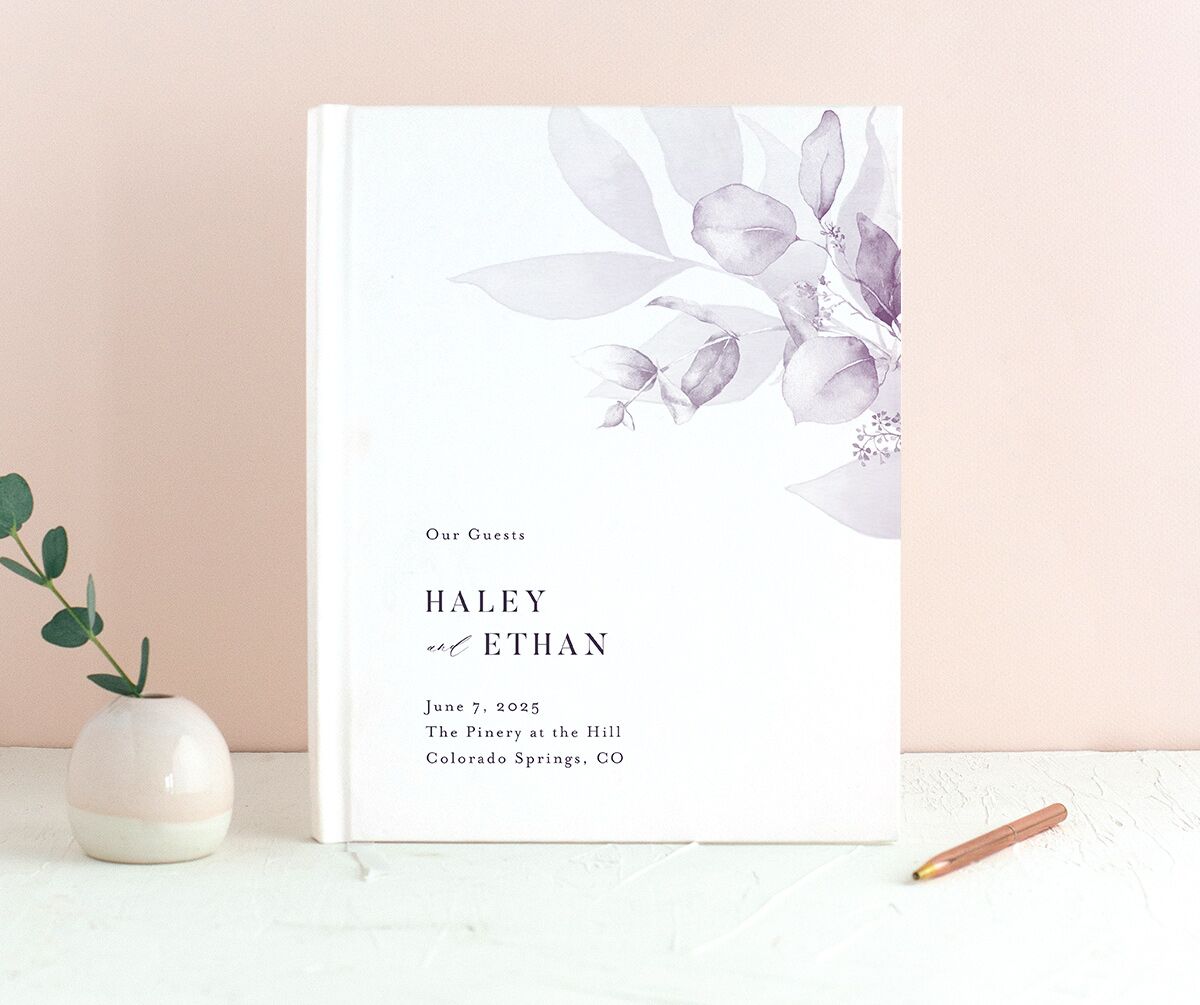 Romantic Greenery Wedding Guest Book front in lavender