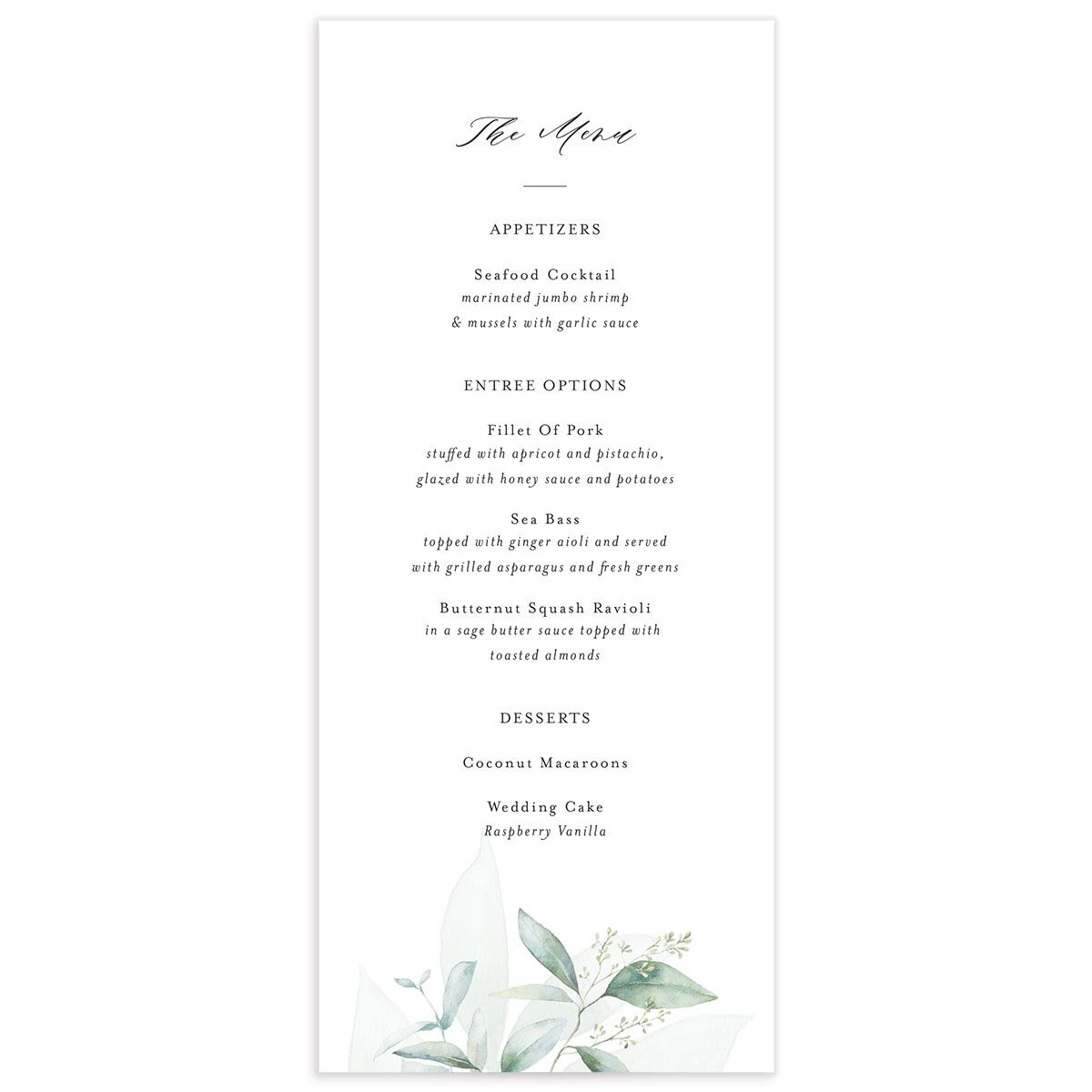 Romantic Greenery Menus Tide Pool Signature