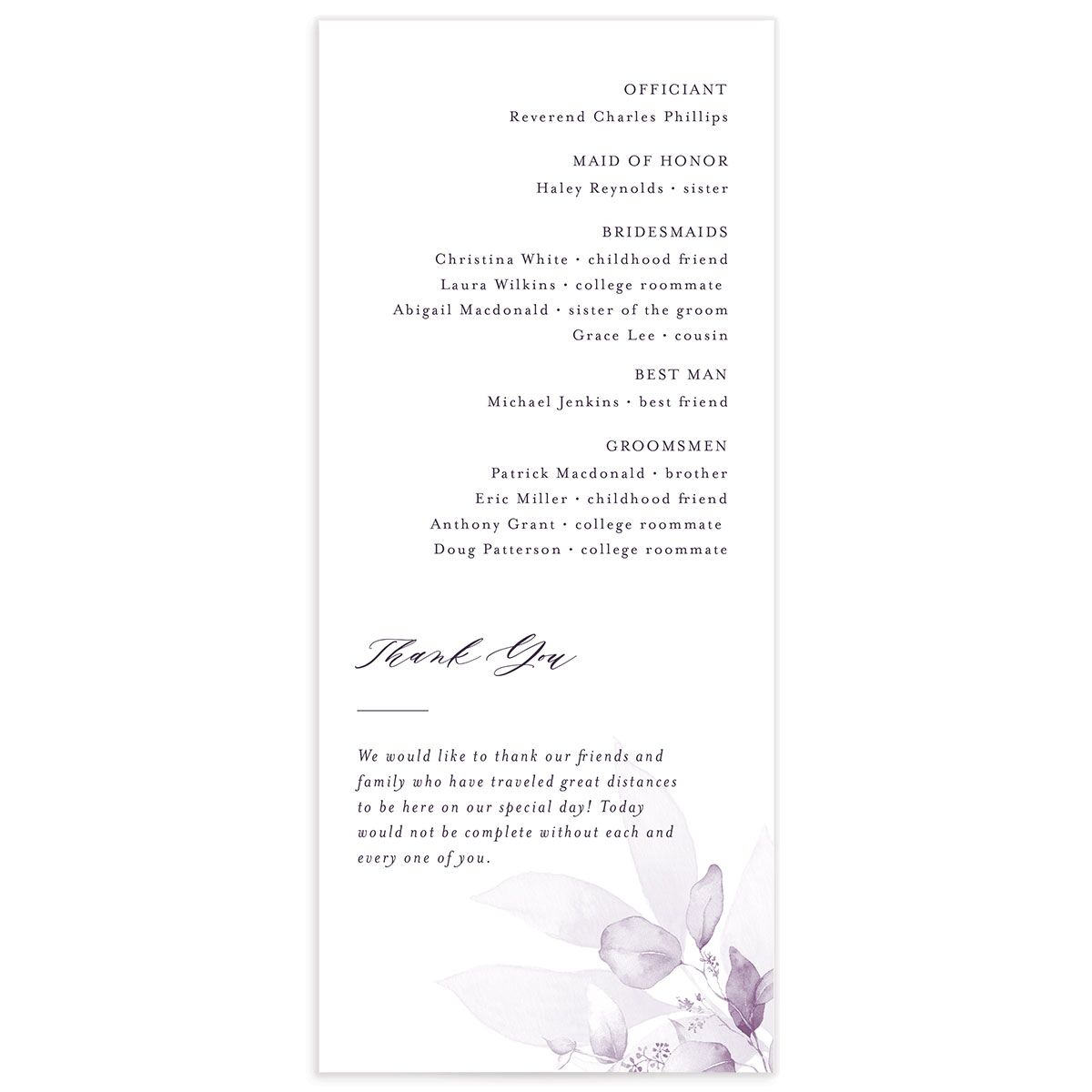 Romantic Greenery Wedding Programs Purple Haze Signature