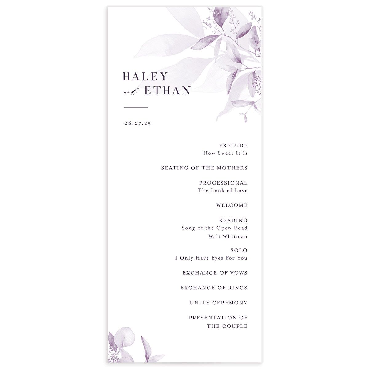 Romantic Greenery Wedding Programs Purple Haze Signature