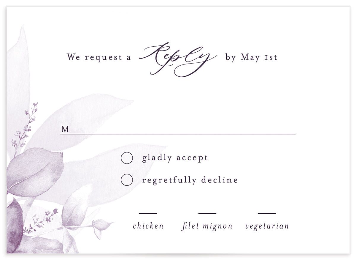 Romantic Greenery Wedding Response Cards front in lavender