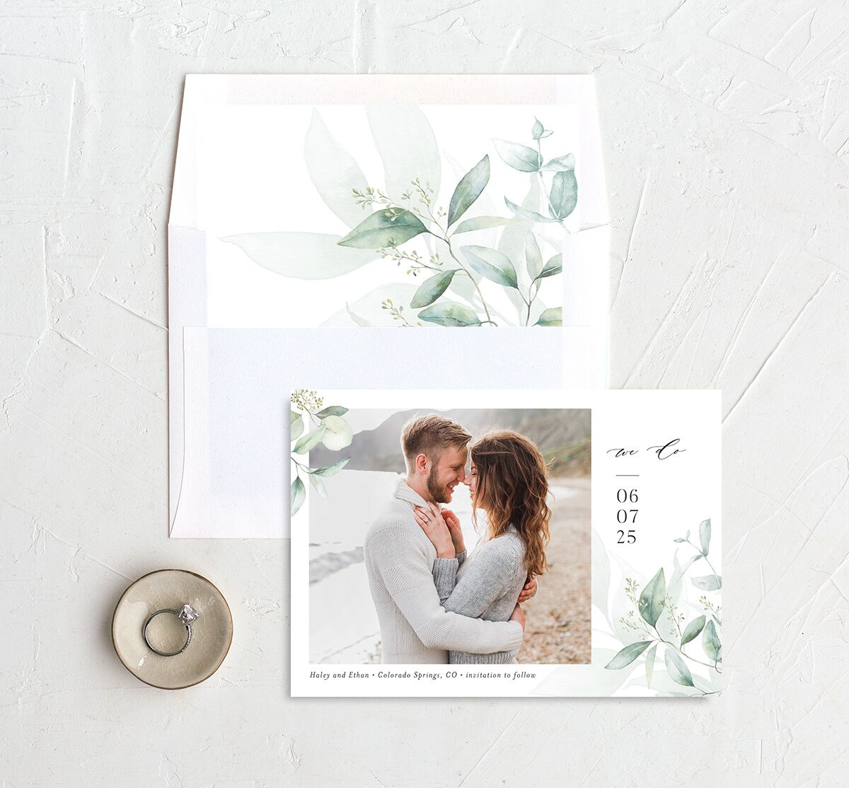 Romantic Greenery Save The Date Cards envelope-and-liner in green