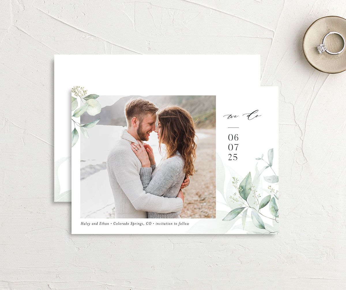 Romantic Greenery Save The Date Cards front-and-back in green