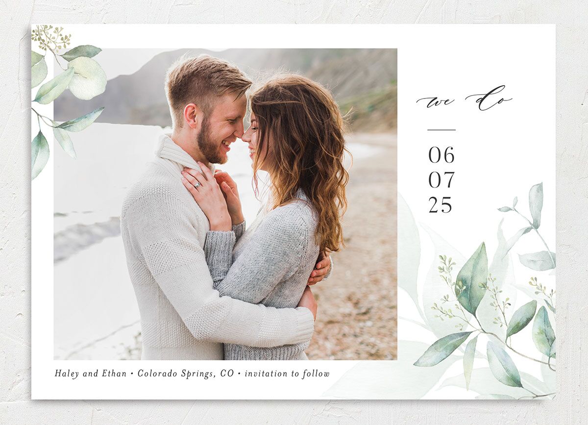 Romantic Greenery Save The Date Cards front in green