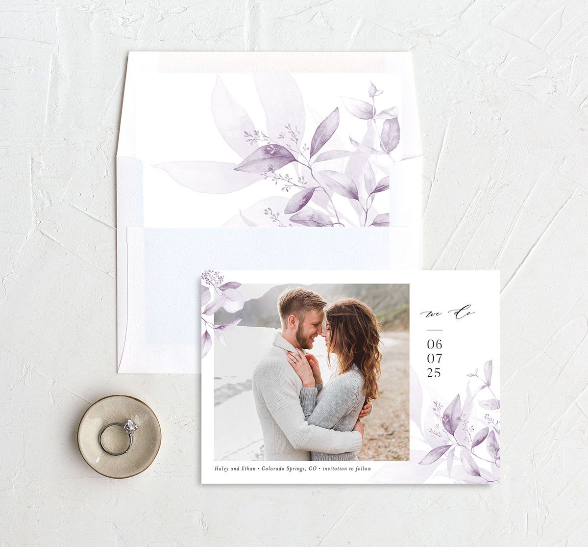 Romantic Greenery Save The Date Cards envelope-and-liner in lavender