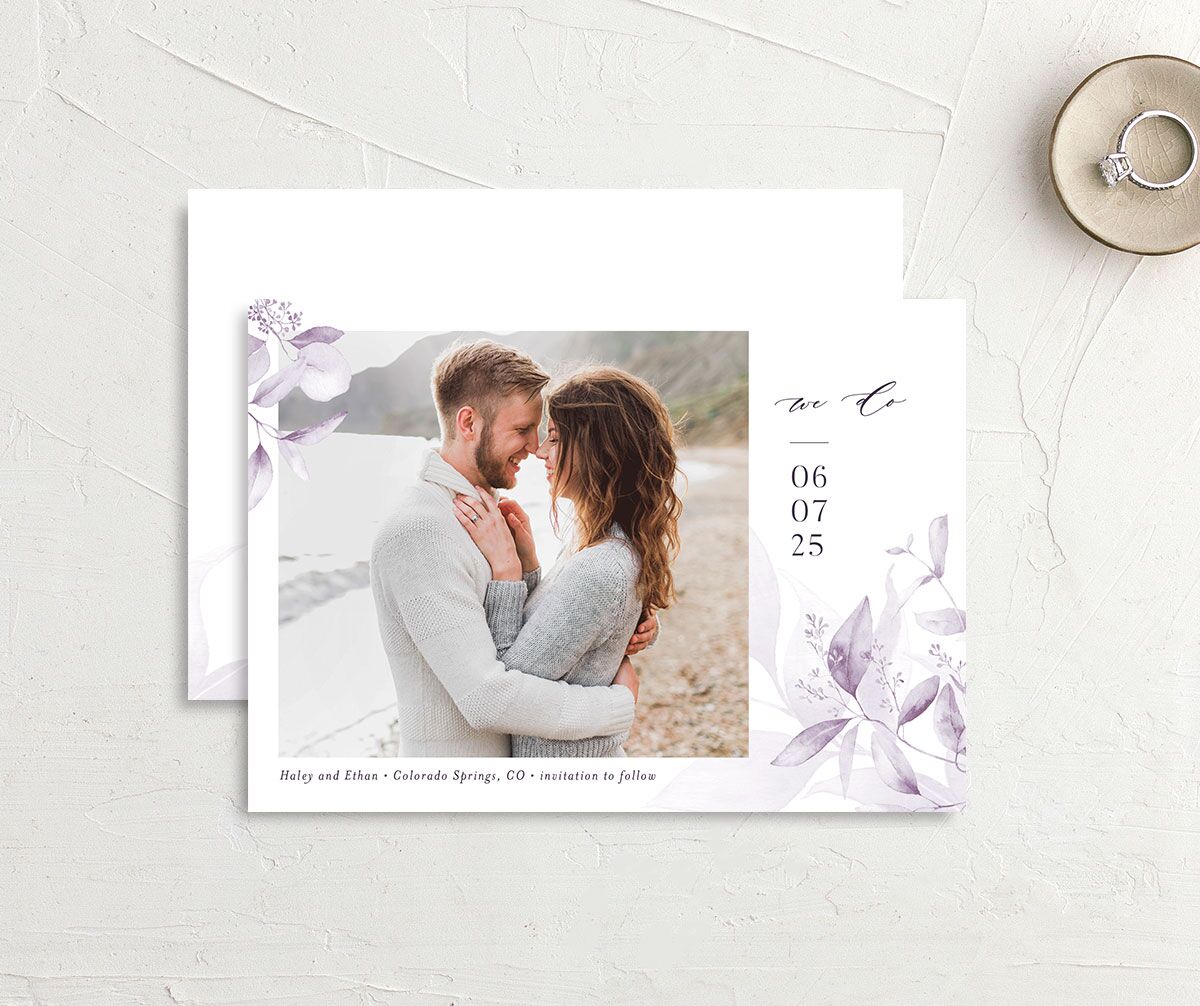 Romantic Greenery Save The Date Cards front-and-back in lavender