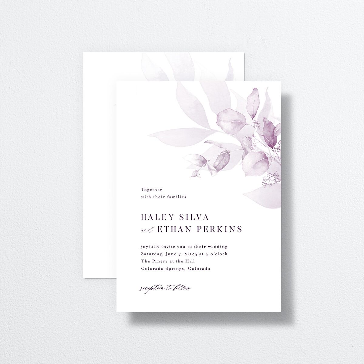 Romantic Greenery Wedding Invitations front-and-back in lavender