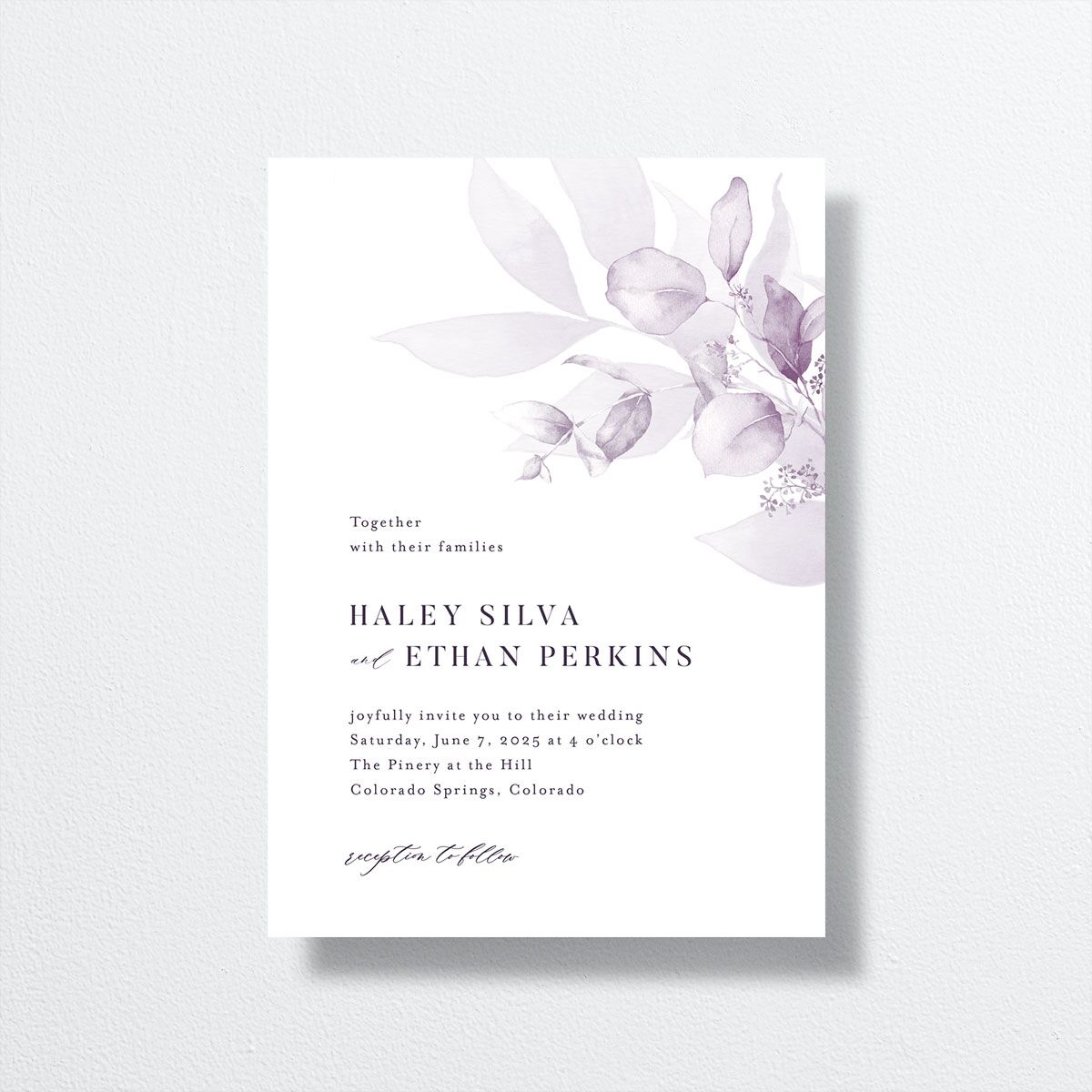 Romantic Greenery Wedding Invitations front in lavender