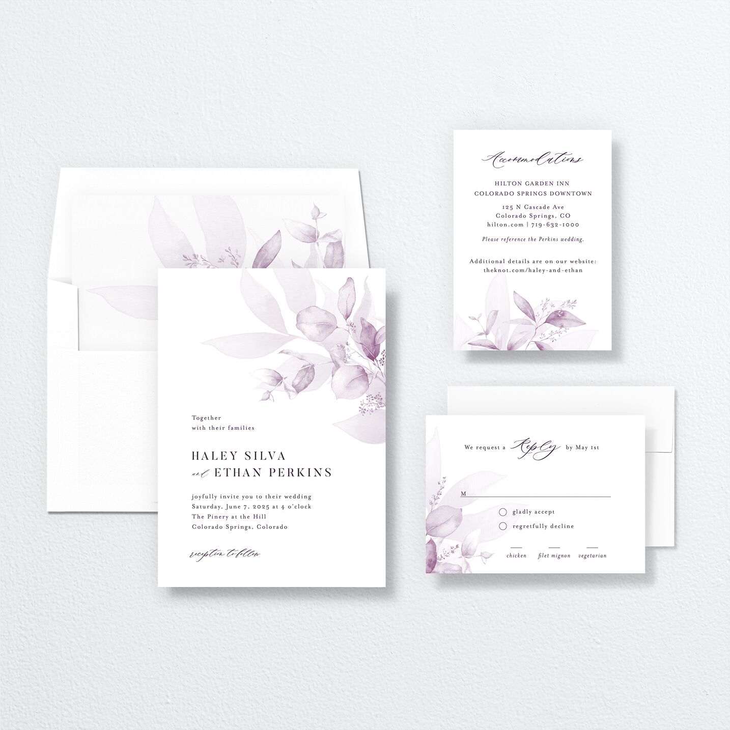 Romantic Greenery Wedding Invitations suite in lavender