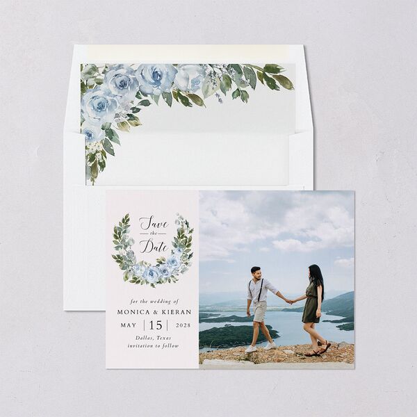 Romantic Laurel Save The Date Cards Dusty Blue Signature smooth Blank No Standard