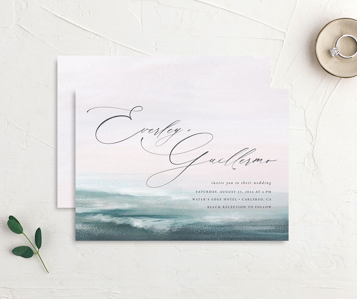 Abstract Beach Wedding Invitations front-and-back in blue