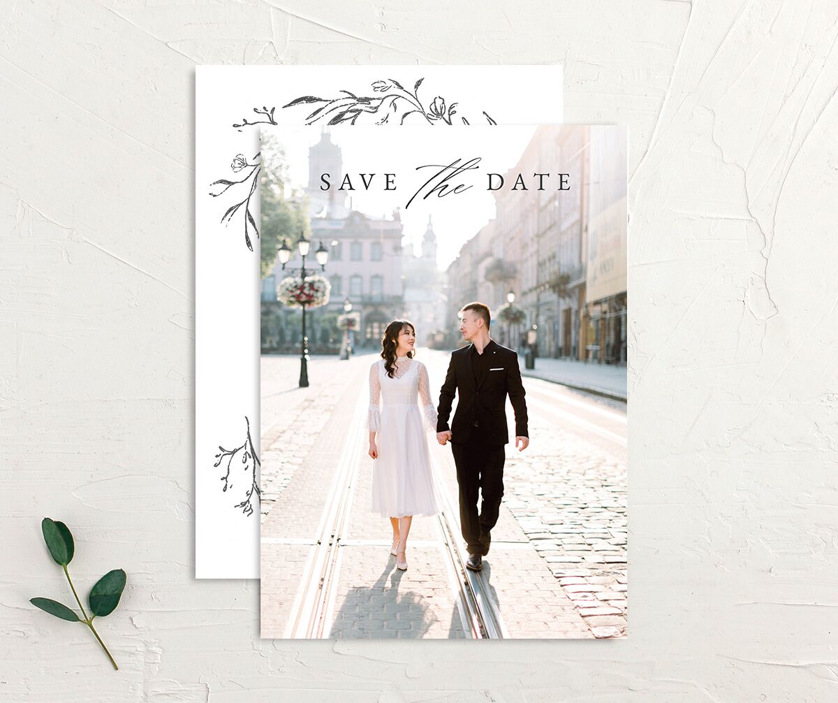 Rustic Garland Save the Date Cards front-and-back in grey