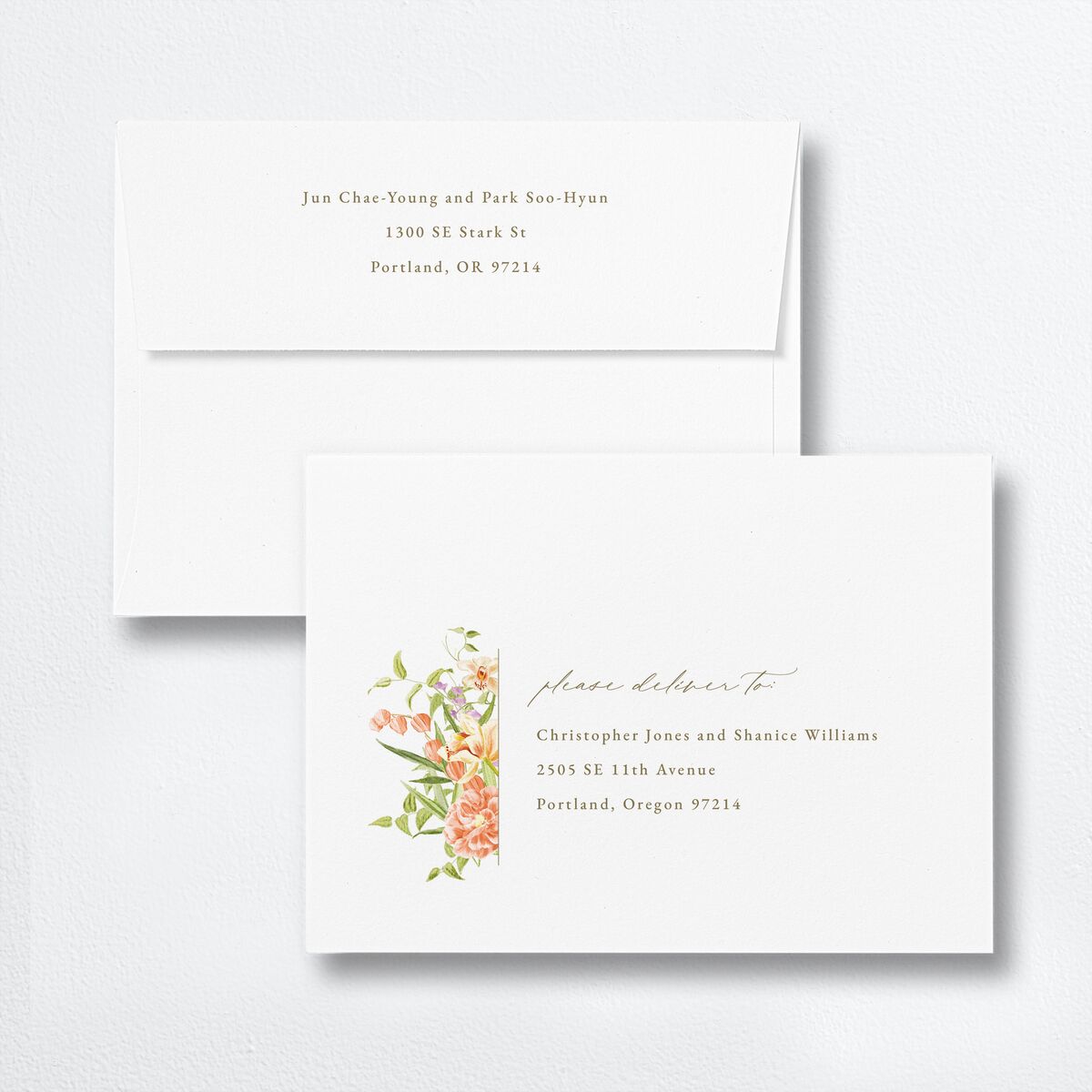 Bom Bloom Save the Date Petite Card Envelopes White Standard Pumpkin Both Recipient and Return Addresses