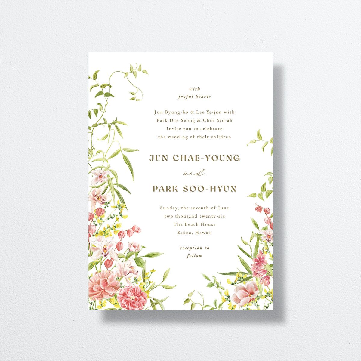 Bom Bloom Wedding Invitations front in pink