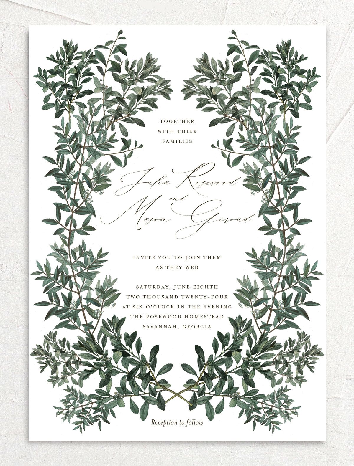 Ornate Leaves Wedding Invitations front in white